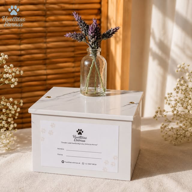 Urna de madera artesanal con flores secas y recuerdo con huella de mascota en un entorno cálido